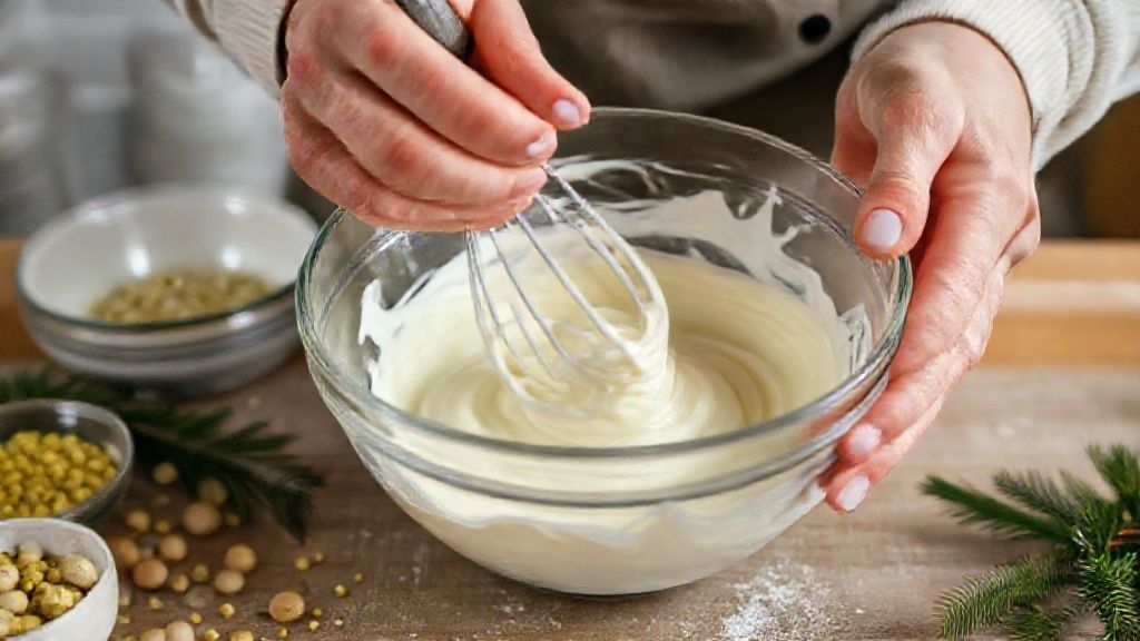 Mãos misturando o creme de pistache em tigela transparente, próximo à forma com a base crocante
