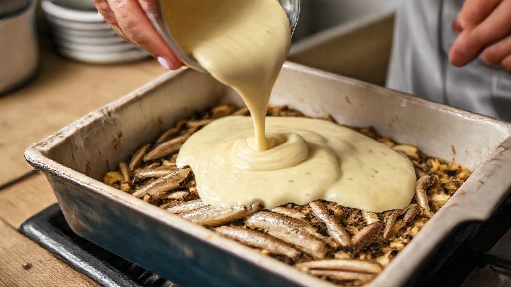 Mãos despejando a massa sobre o recheio de sardinhas em uma forma, durante o preparo da torta