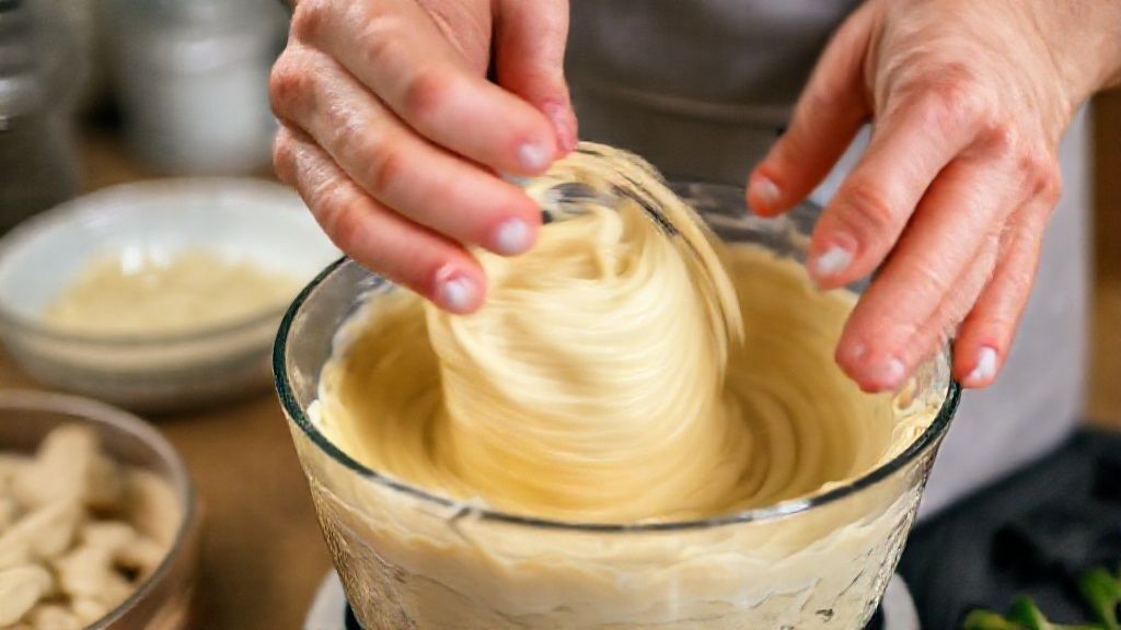 Mãos em ação batendo a massa da torta em um liquidificador e misturando o recheio colorido