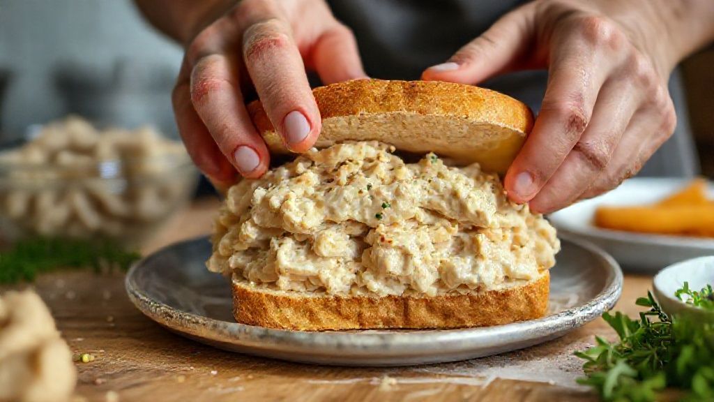 Mãos montando as camadas da torta fria de frango com pão e recheio cremoso em um refratário