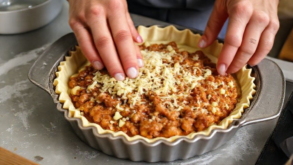 Mãos montando a torta, espalhando o recheio sobre a massa em uma forma retangular