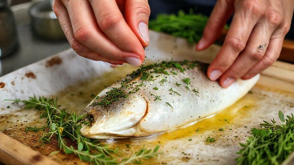 Mãos temperando a truta com azeite e ervas frescas antes de levar ao forno