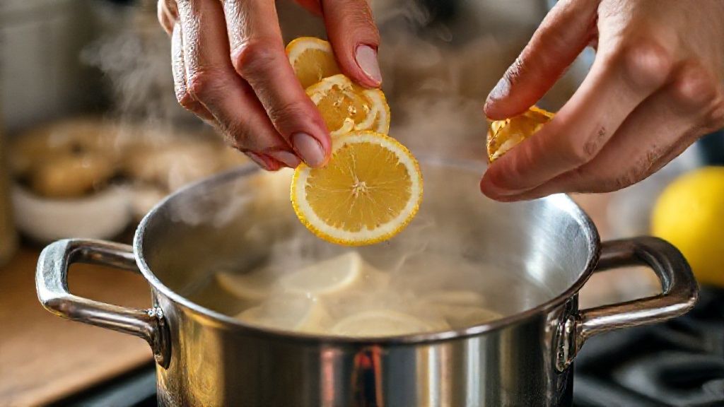 Mãos adicionando gengibre e limão em panela durante o cozimento do xarope natural.