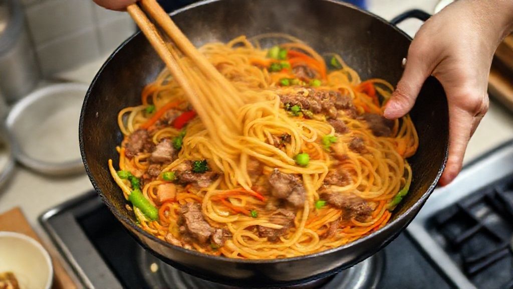Mãos salteando carne e legumes em uma wok, mostrando o preparo do yakisoba