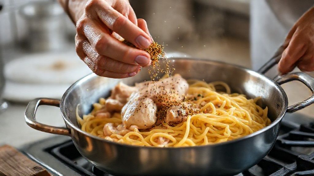Mãos temperando o frango e mexendo panela com massa ao alho e óleo