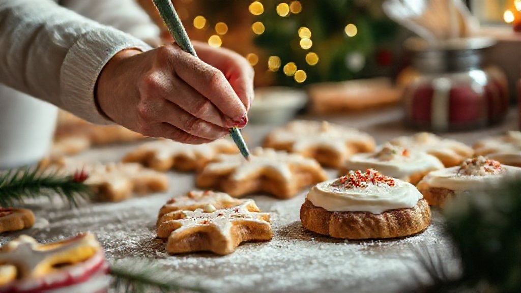 Mãos recheando panetone e decorando biscoitos natalinos com glacê colorido