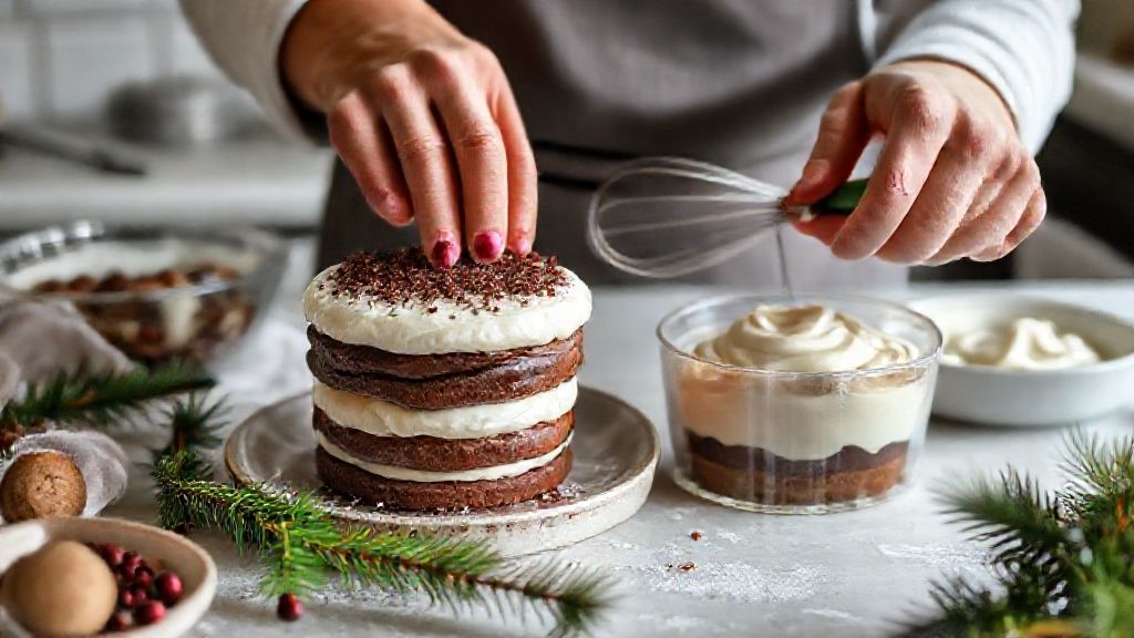 Mãos preparando mousse e montando camadas de pavê em tigelas natalinas