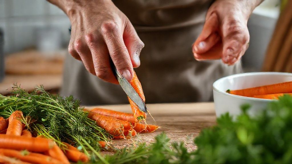 Mãos cortando as ramas e limpando as cenouras para armazenamento correto.