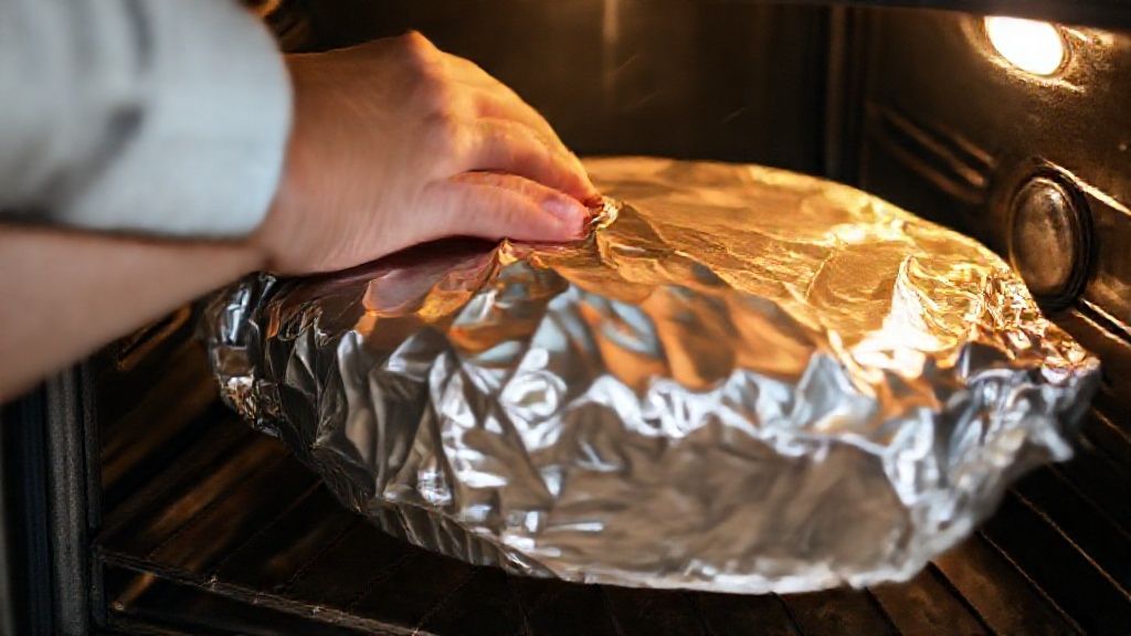 Mãos cobrindo o bolo com papel-alumínio antes de retornar ao forno para finalizar o assamento