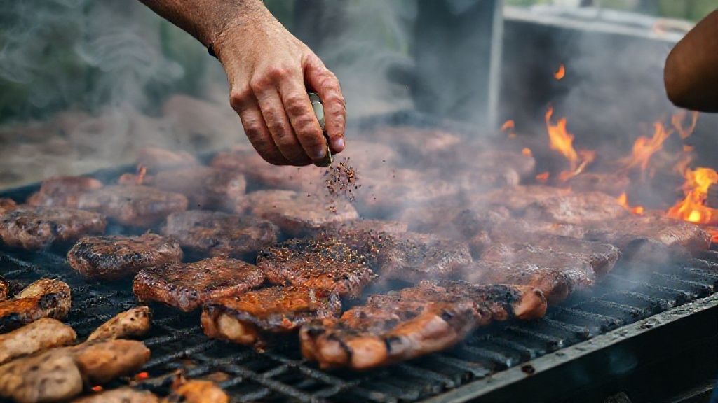 Mãos temperando carnes e organizando espetos na churrasqueira acesa, mostrando o processo de preparo