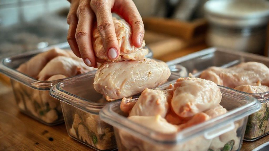 Mãos embalam pedaços de frango assado em potes com tampa, mostrando o cuidado na vedação