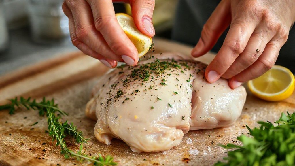 Mãos temperando o frango cru com ervas e limão, mostrando o cuidado no preparo pós-descongelamento