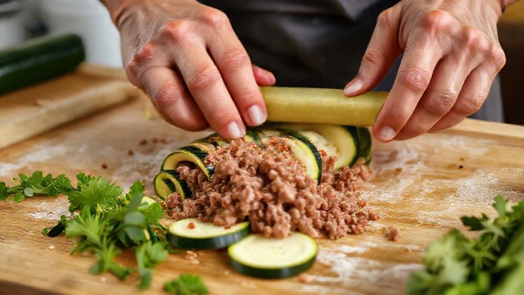 Mãos enrolando abobrinhas fatiadas com carne moída em uma bancada de cozinha