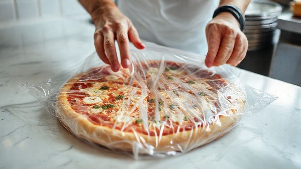 Mãos embrulhando fatias de pizza em filme plástico para armazenar corretamente na geladeira.