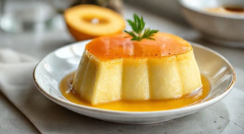 Pudim de abacaxi cremoso pronto, coberto com calda dourada e servido em prato branco elegante