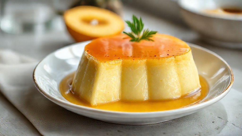 Pudim de abacaxi cremoso com calda dourada e textura suave, sobremesa tropical e deliciosa