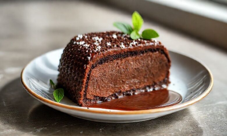 Pudim de brigadeiro cremoso com calda brilhante, textura lisa e aparência irresistível sobre prato branco
