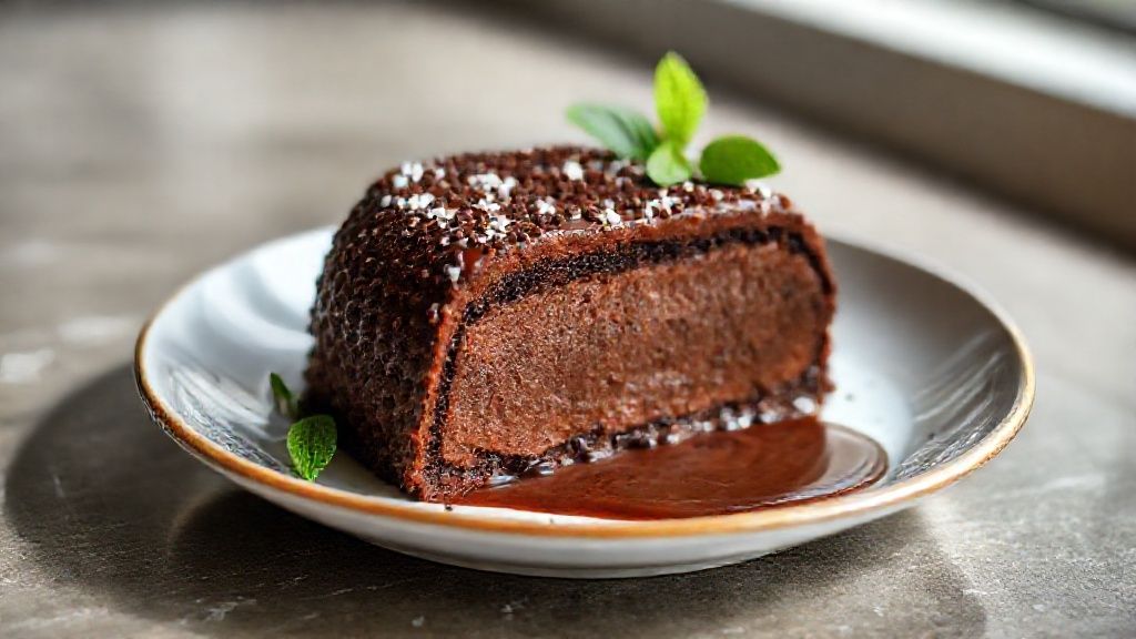 Pudim de brigadeiro cremoso pronto, com calda brilhante de chocolate escorrendo sobre o prato e textura suave