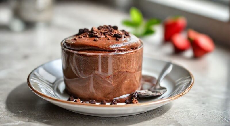 Pudim de chocolate cremoso com calda intensa, textura lisa e brilho irresistível em um prato elegante