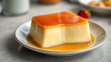 Pudim de doce de leite cremoso com calda dourada, textura lisa e brilho irresistível, pronto para servir
