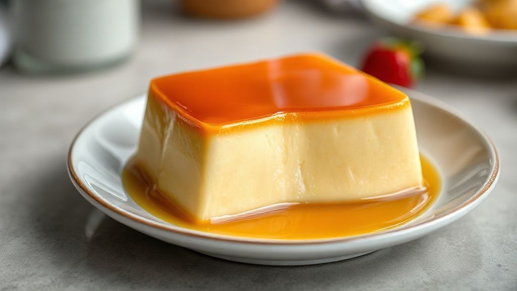 Pudim de doce de leite cremoso servido com calda dourada, textura lisa e apetitoso