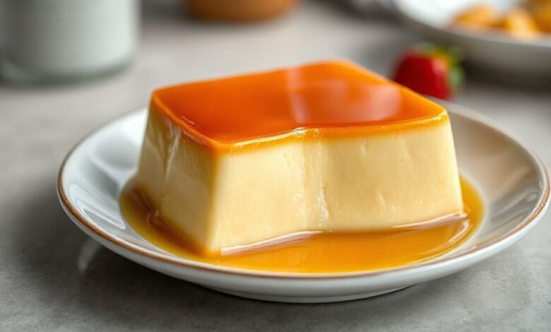 Pudim de doce de leite cremoso com calda dourada e brilho intenso, servido em prato branco sobre mesa de madeira