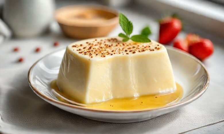 Pudim cremoso com calda dourada, desenformado em prato branco e bem iluminado