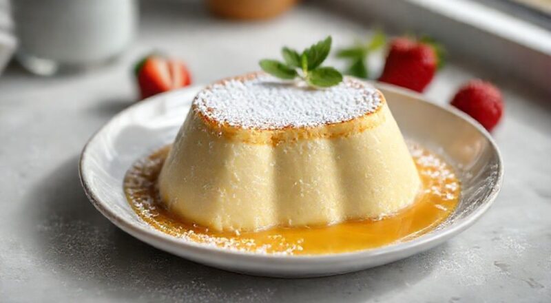 Pudim dourado com calda brilhante e textura cremosa, servido em prato branco, com luz natural destacando o brilho do caramelo