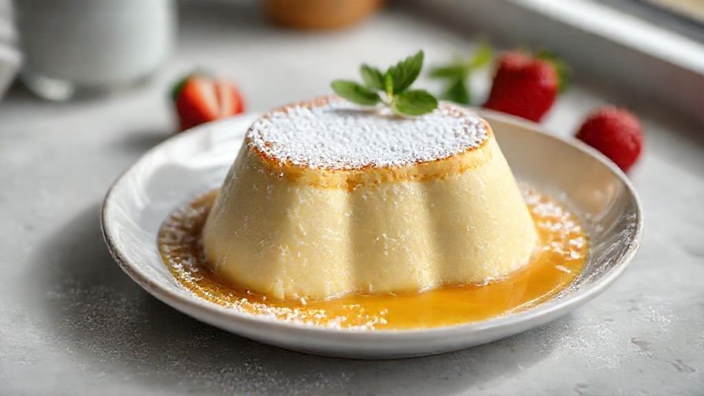 Pudim de leite em pó de forno cremoso, com calda dourada e textura suave servida em prato branco elegante