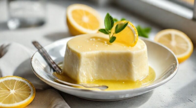 Pudim de limão gelado cremoso, servido com raspas de limão e folhas de hortelã sobre prato elegante