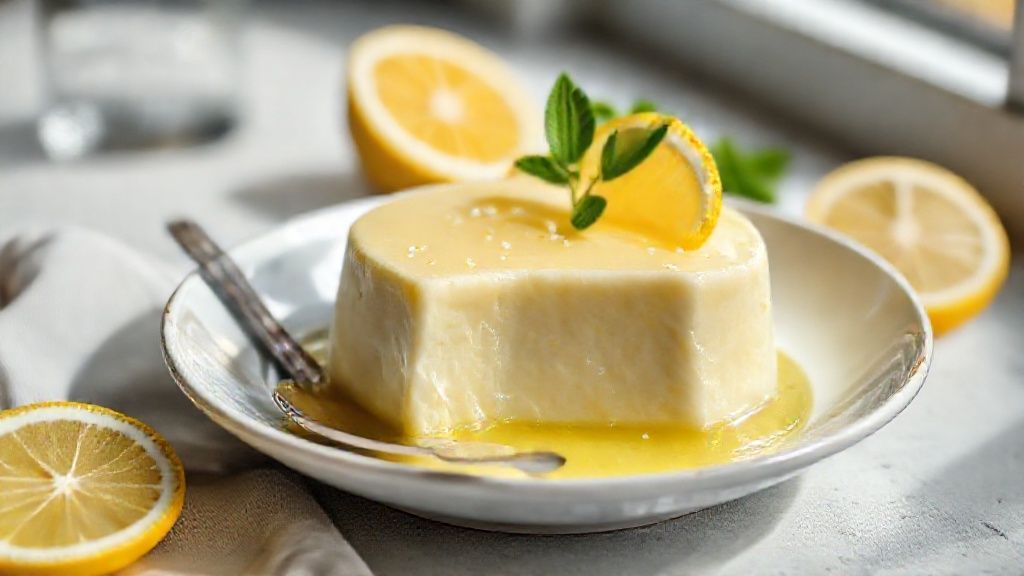 Pudim de limão gelado sem ovos e sem forno servido em prato branco com raspas e folhas de hortelã