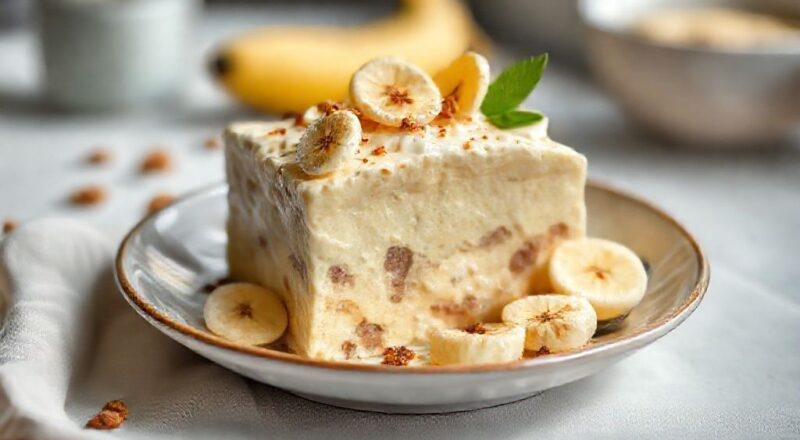 Pudim fit de banana pronto, cremoso e dourado, servido com calda leve e decorado com rodelas de banana