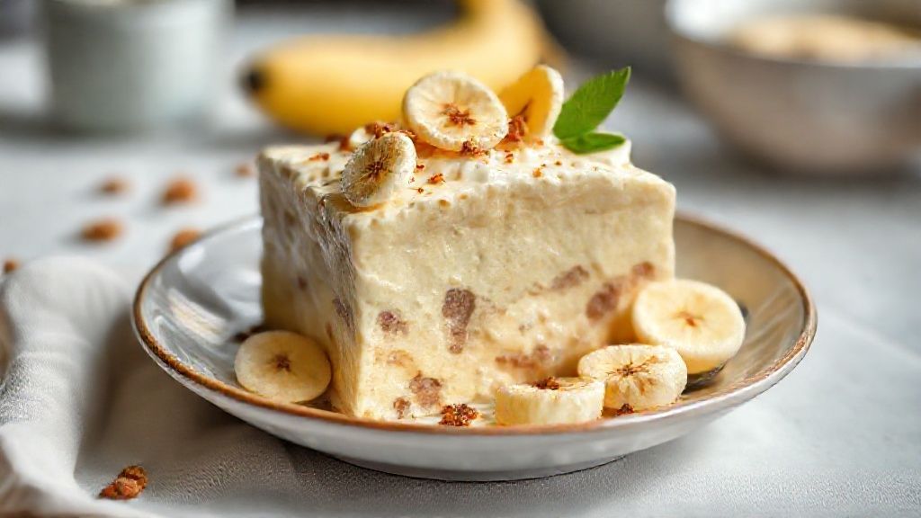 Pudim fit de banana cremoso servido em prato branco com calda natural brilhante