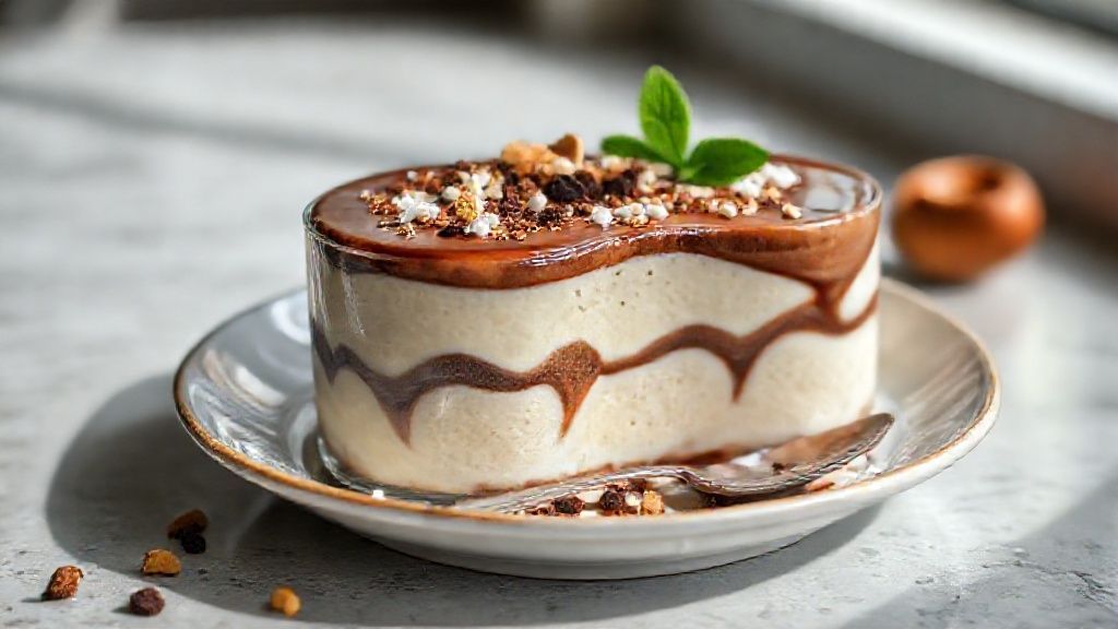 Pudim prestígio de geladeira cremoso pronto para servir, com camadas de coco e chocolate e textura brilhante