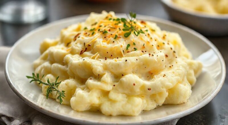 Purê de batata com queijo cremoso servido em um prato fundo, dourado e aveludado, com textura macia e apetitosa