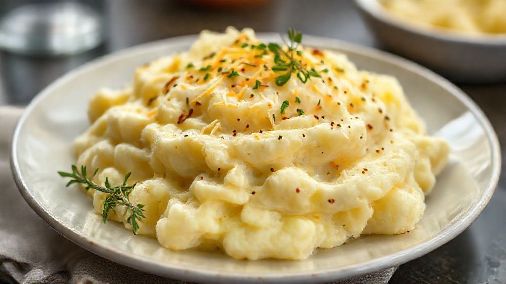 Purê de batata com queijo cremoso servido em tigela branca, textura aveludada e dourada, prato irresistível