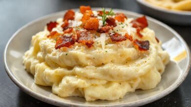 Purê de batatas cremoso e dourado com pedaços de bacon crocante, finalizado com parmesão e cheiro-verde, servido em travessa de cerâmica