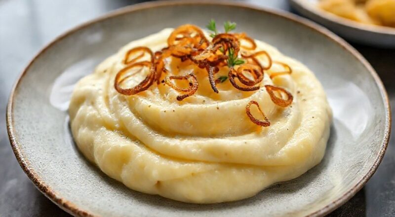 Purê de mandioquinha cremoso decorado com cebola crispy crocante, servido em tigela de cerâmica e decorado com ervas frescas