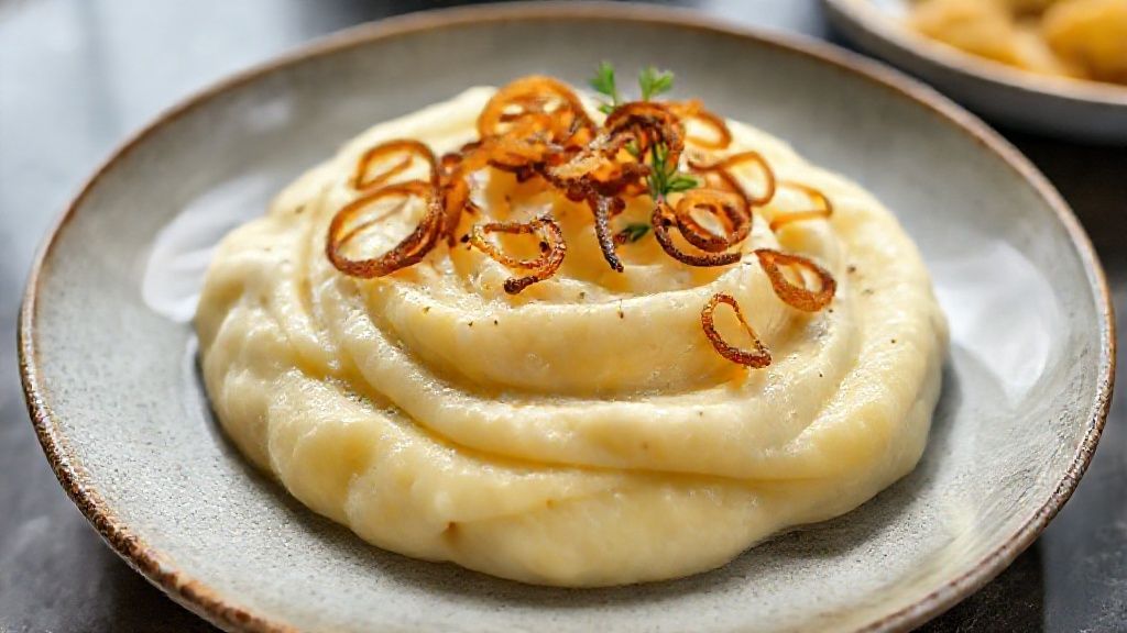 Purê de mandioquinha com cebola crispy servido em prato branco, cremoso e dourado, com contraste crocante e visual apetitoso