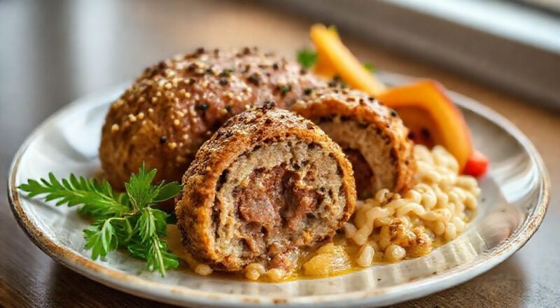 Quibe assado dourado e suculento com recheio de queijo e tomate, servido em travessa de cerâmica, pronto para ser degustado