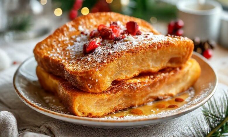 Fatias de rabanada douradas e crocantes, polvilhadas com açúcar e canela, servidas em prato natalino elegante