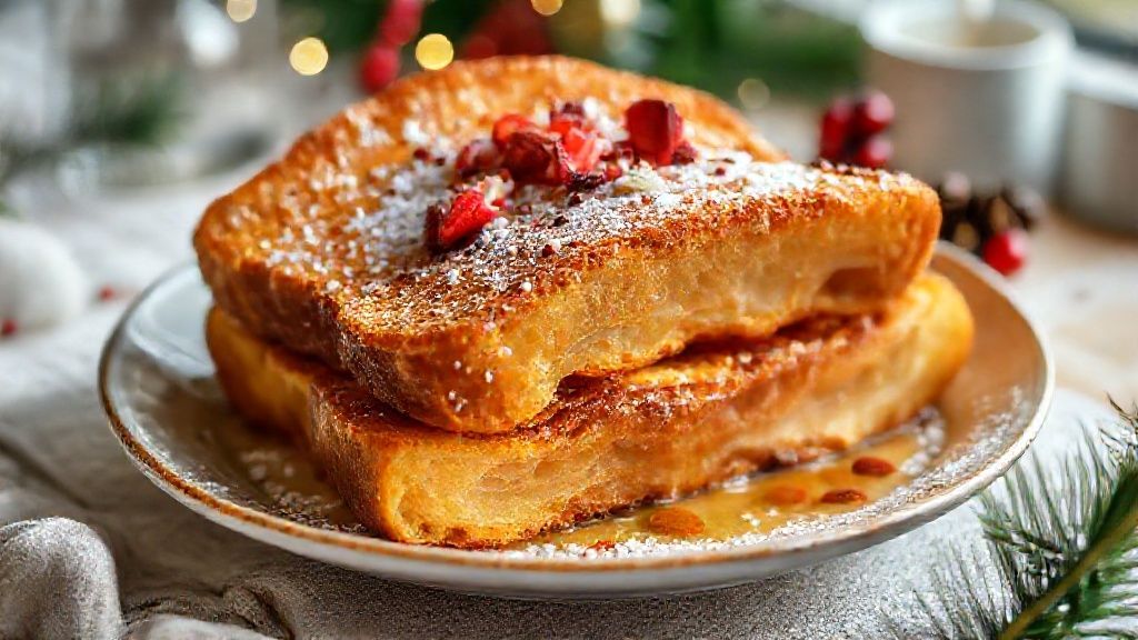 Rabanada de Natal tradicional dourada polvilhada com açúcar e canela servida em prato natalino