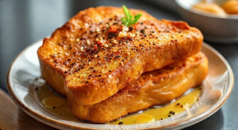 Fatias de rabanada douradas e crocantes servidas em prato natalino com toque de canela