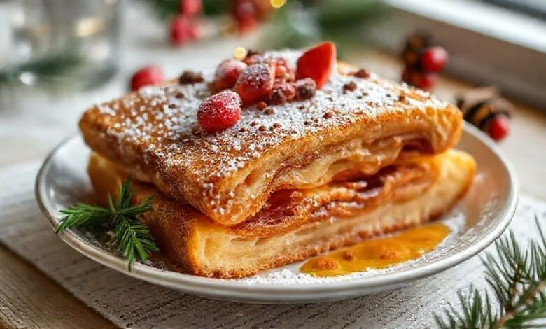 Rabanadas tradicionais douradas, polvilhadas com açúcar e canela, servidas em travessa natalina