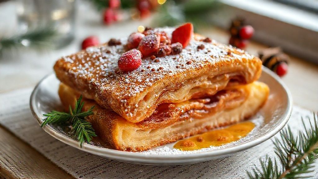 Rabanada tradicional de Natal dourada e polvilhada com açúcar e canela, servida em travessa festiva