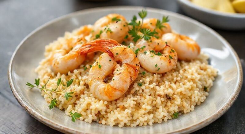 Prato elegante com camarões grelhados em molho cremoso servidos com arroz branco, em apresentação apetitosa e colorida