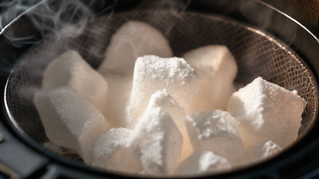 Close-up de isopor derretendo próximo à grade quente da airfryer, ilustrando o perigo