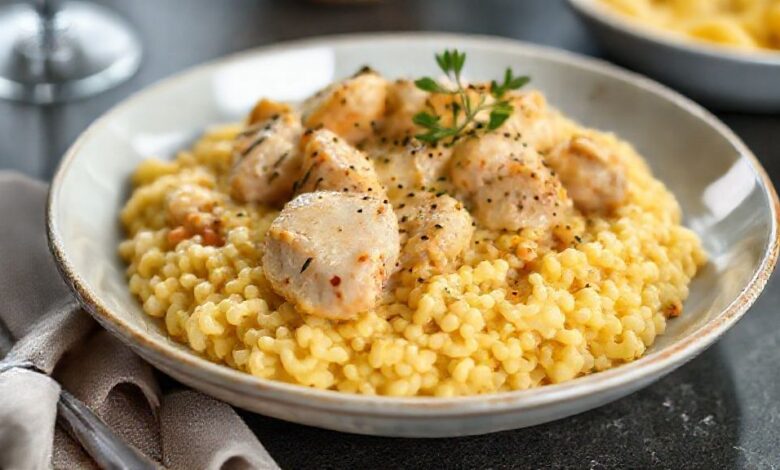 Prato de risoto cremoso dourado pelo açafrão, com pedaços de frango e queijo derretido, servido elegantemente em prato branco fundo