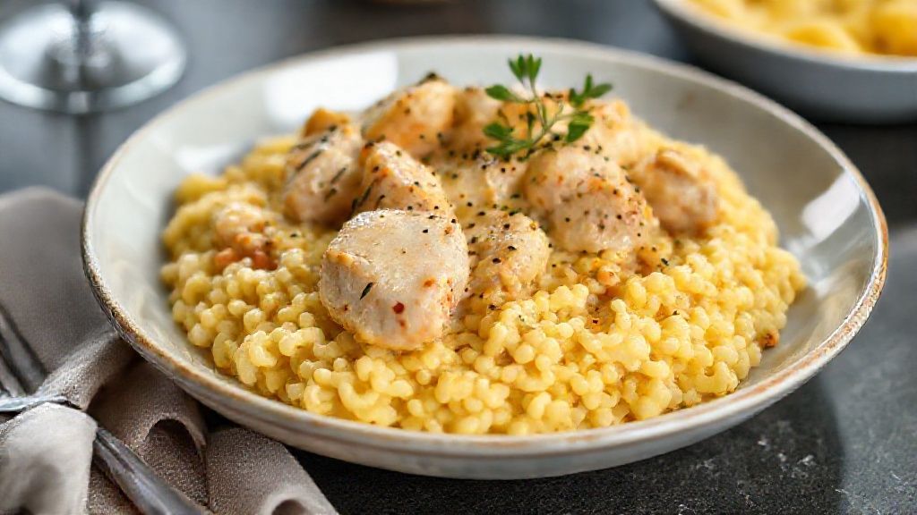 Prato de risoto de frango e açafrão cremoso, dourado e apetitoso, servido com parmesão e cebolinha fresca