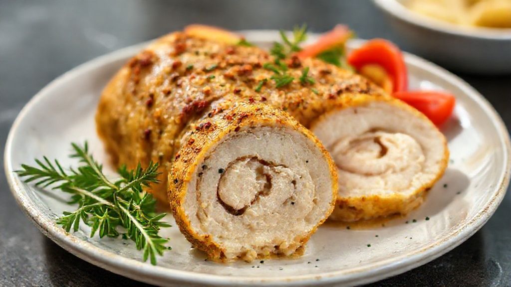 Rocambole de frango dourado e suculento, fatiado e servido com acompanhamento leve